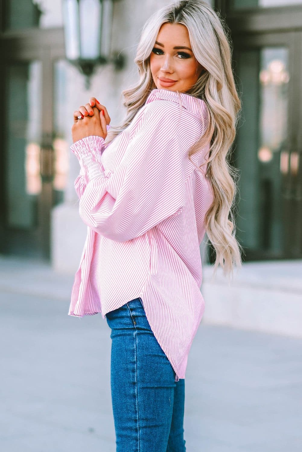 image-Sky Blue Striped Boyfriend Shirt with Pocket - Smocked Cuffs