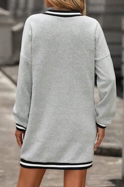 image-Light Grey Striped Trim V Neck Long Sleeve Preppy T Shirt Dress