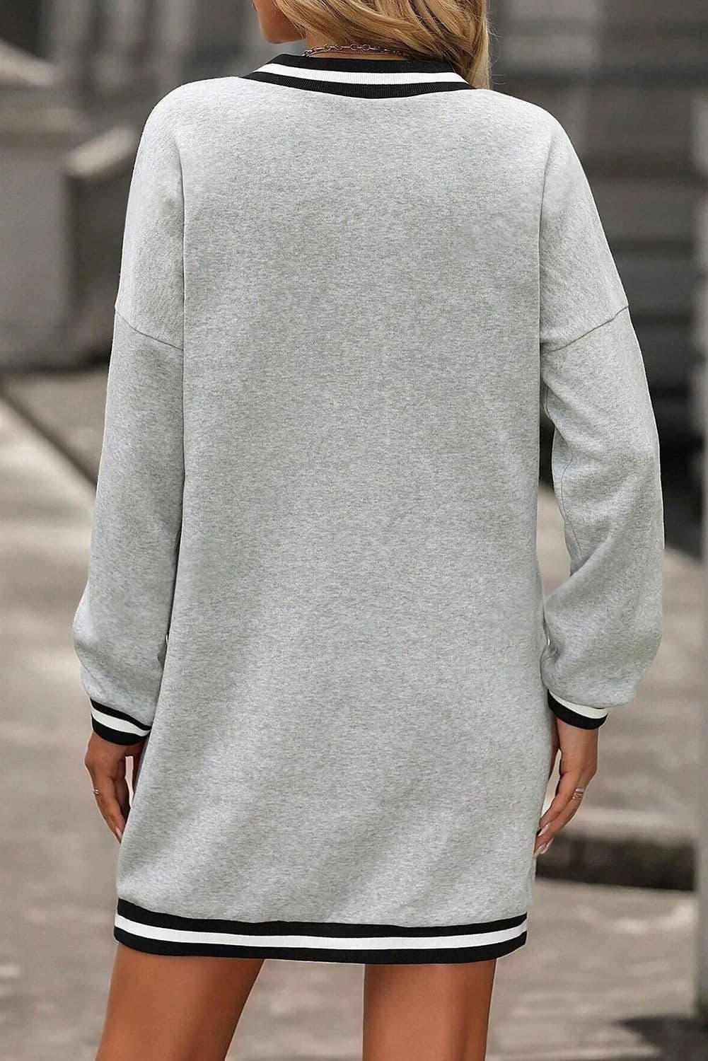 image-Light Grey Striped Trim V Neck Long Sleeve Preppy T Shirt Dress