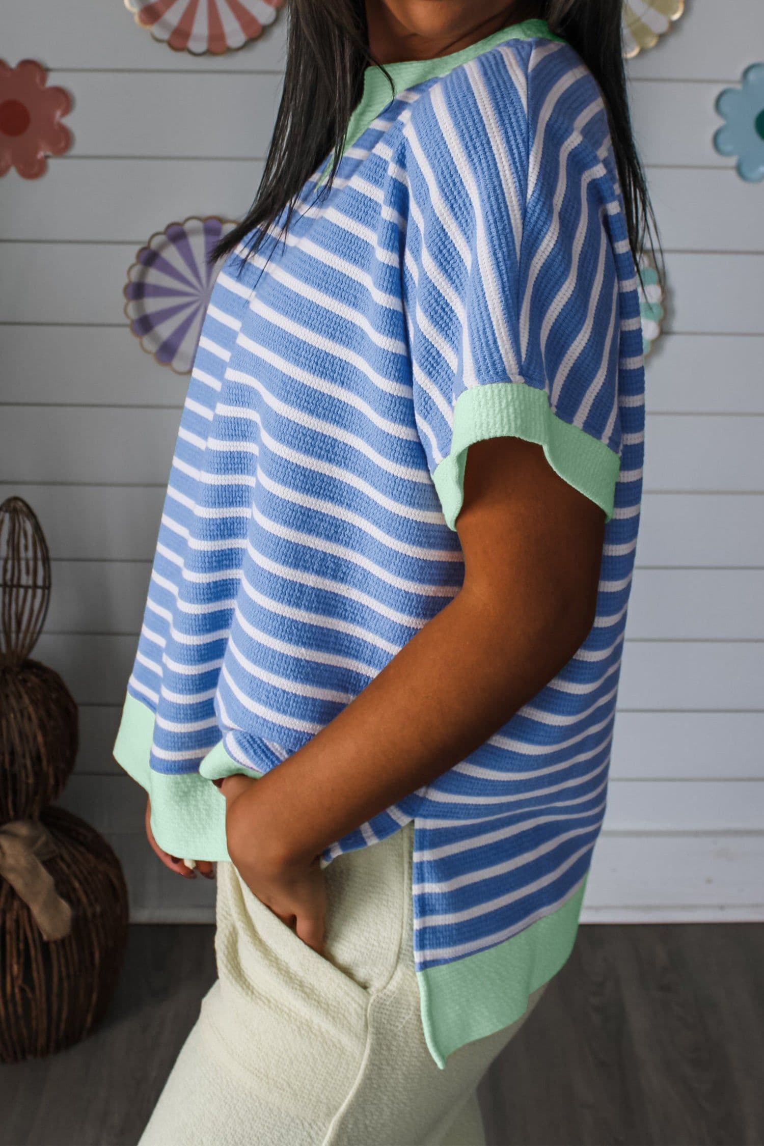 image-Sky Blue Stripe Top - Loose Short Sleeve Contrast Trim - Sizes Available