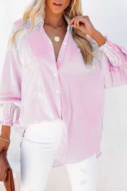 image-Sky Blue Striped Boyfriend Shirt with Pocket - Smocked Cuffs