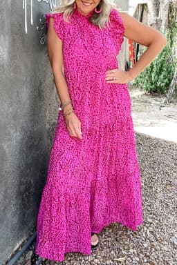 image-Leopard Print Ruffled Tiered Maxi Dress - Rose Red - Elegant Flutter Sleeves