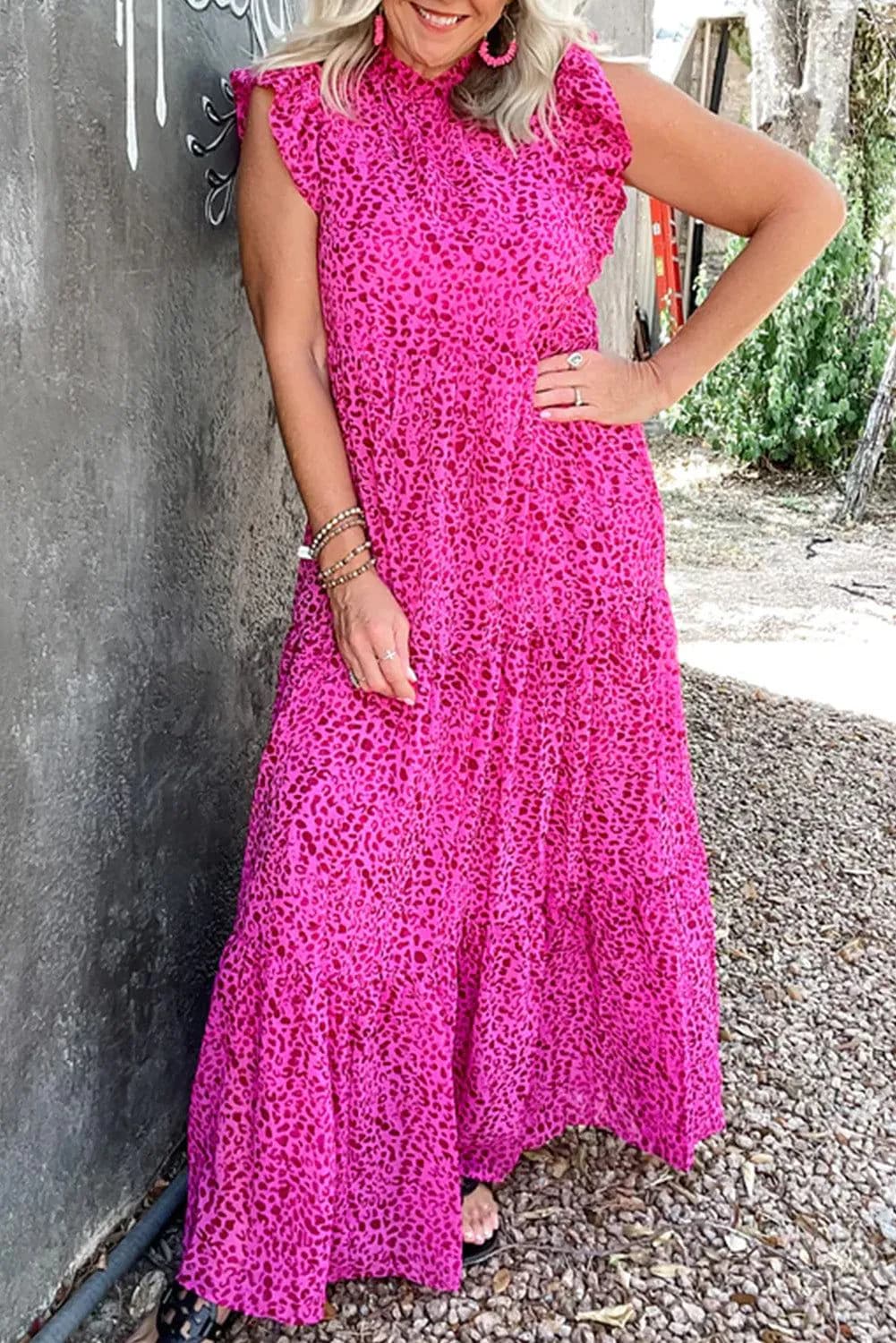 image-Leopard Print Ruffled Tiered Maxi Dress - Rose Red - Elegant Flutter Sleeves