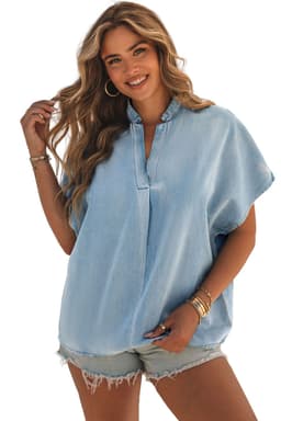 image-Sky Blue Split V Neck Oversized Denim Blouse