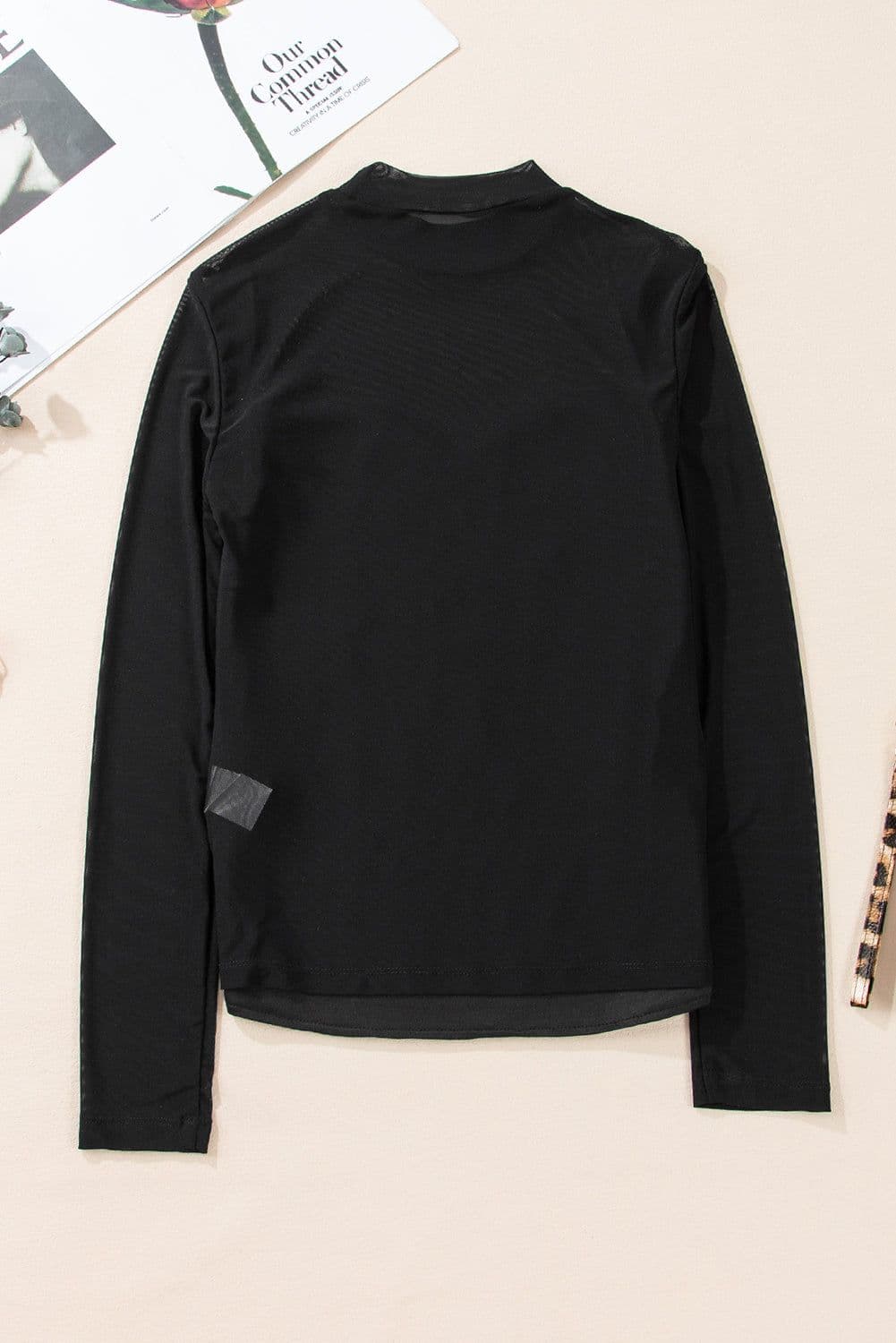 image-Black Sequin Velvet Sheer Mesh Mock Neck Blouse