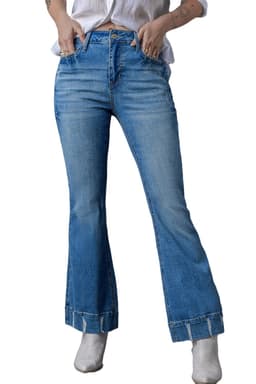 image-Sky Blue Distressed Medium Wash Flare Jeans (65 characters)