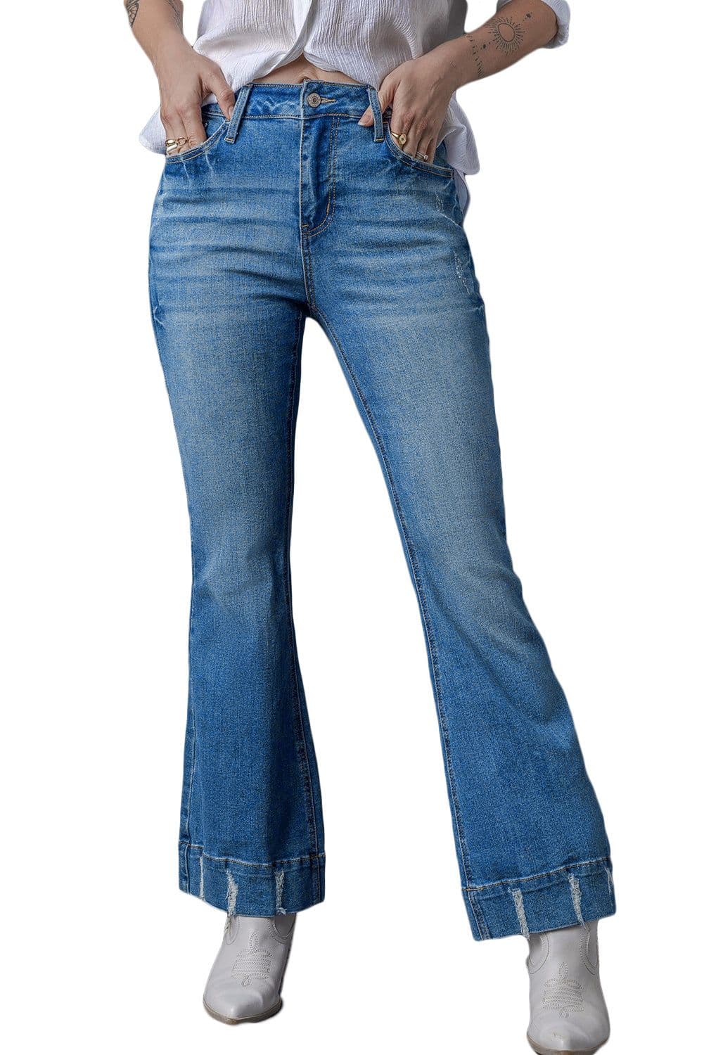 image-Sky Blue Distressed Medium Wash Flare Jeans (65 characters)