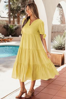 image-Dusk Blue Gingham Midi Dress - Bow Tie Sleeve