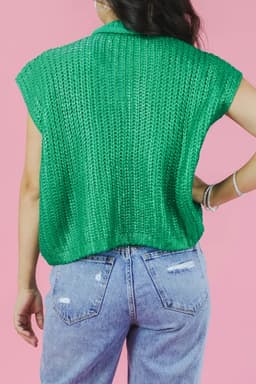 image-Bright Green Solid Color Knit High Neck Short Sleeve Sweater