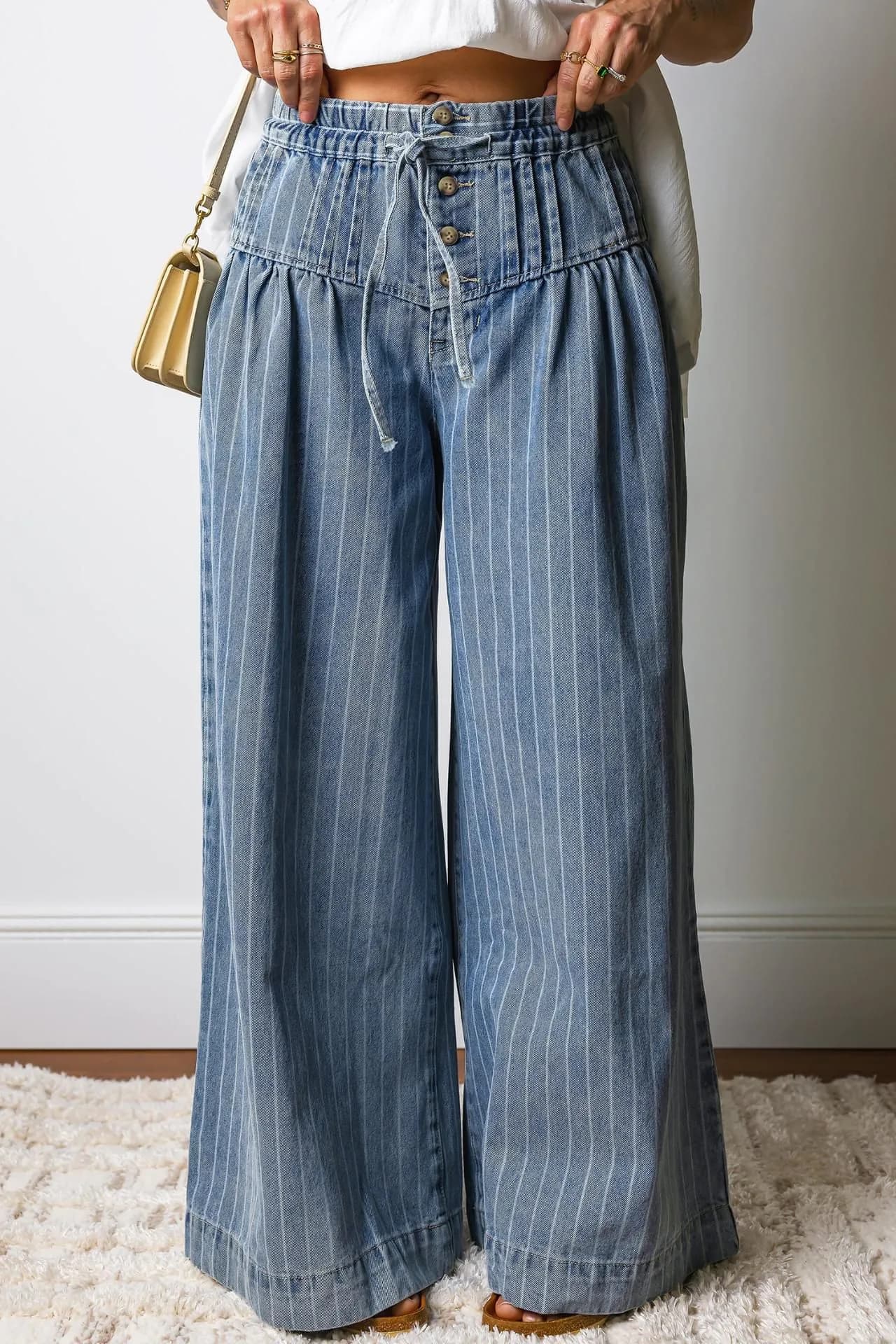 image-Sutton Casual Wide Leg Jeans - Women's Denim Drawstring Waist