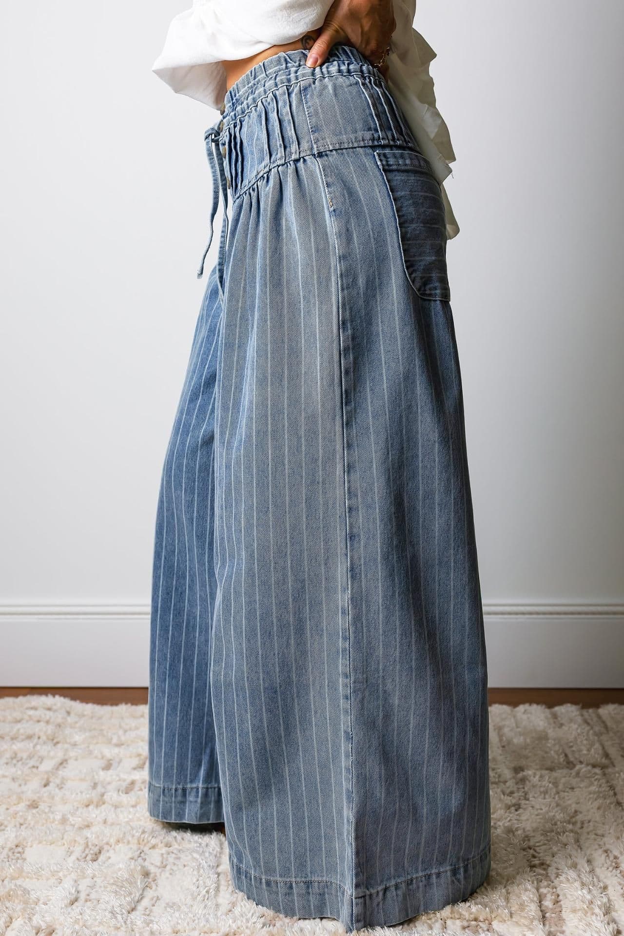 image-Sutton Casual Wide Leg Jeans - Women's Denim Drawstring Waist