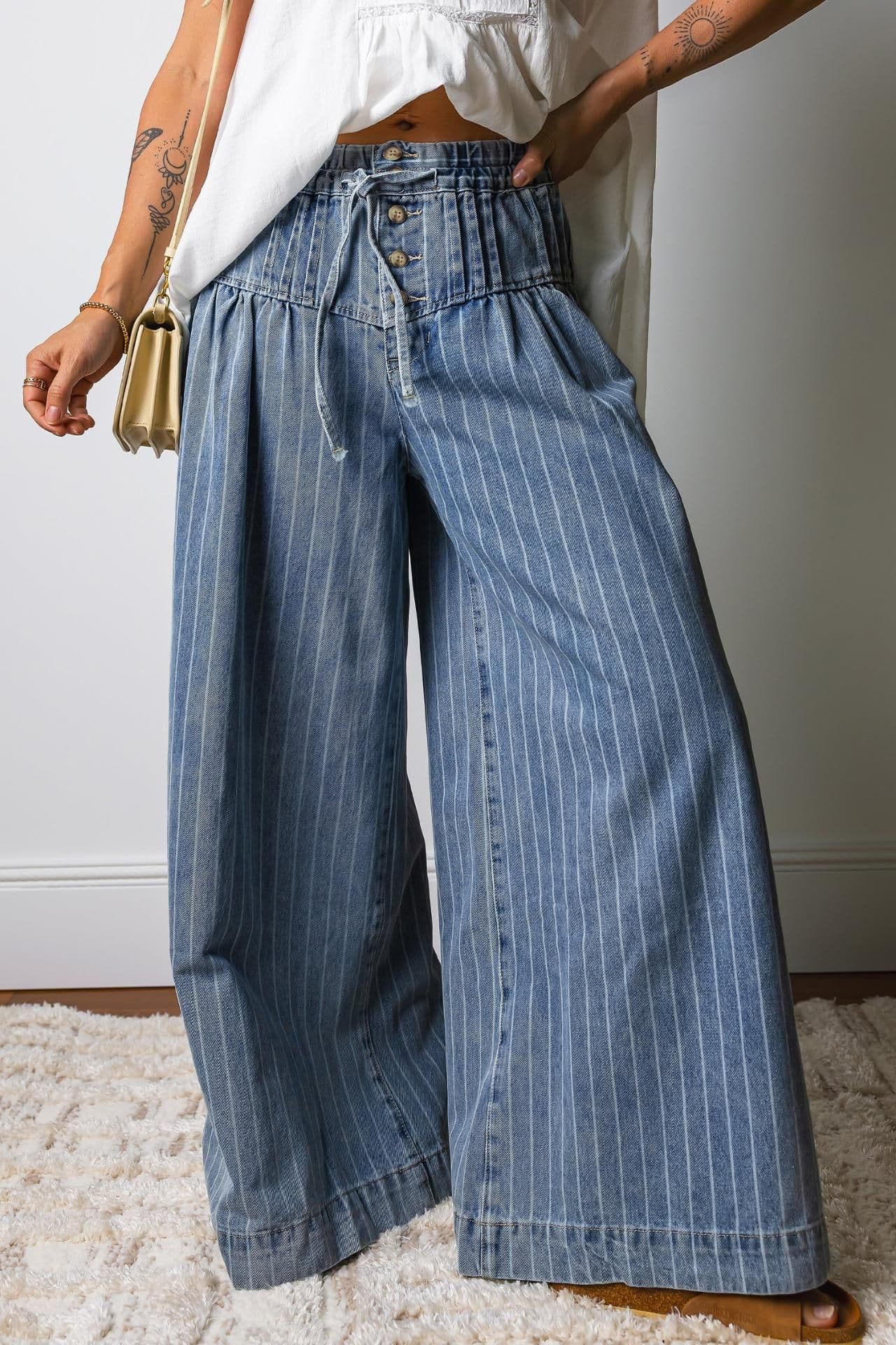 image-Sutton Casual Wide Leg Jeans - Women's Denim Drawstring Waist