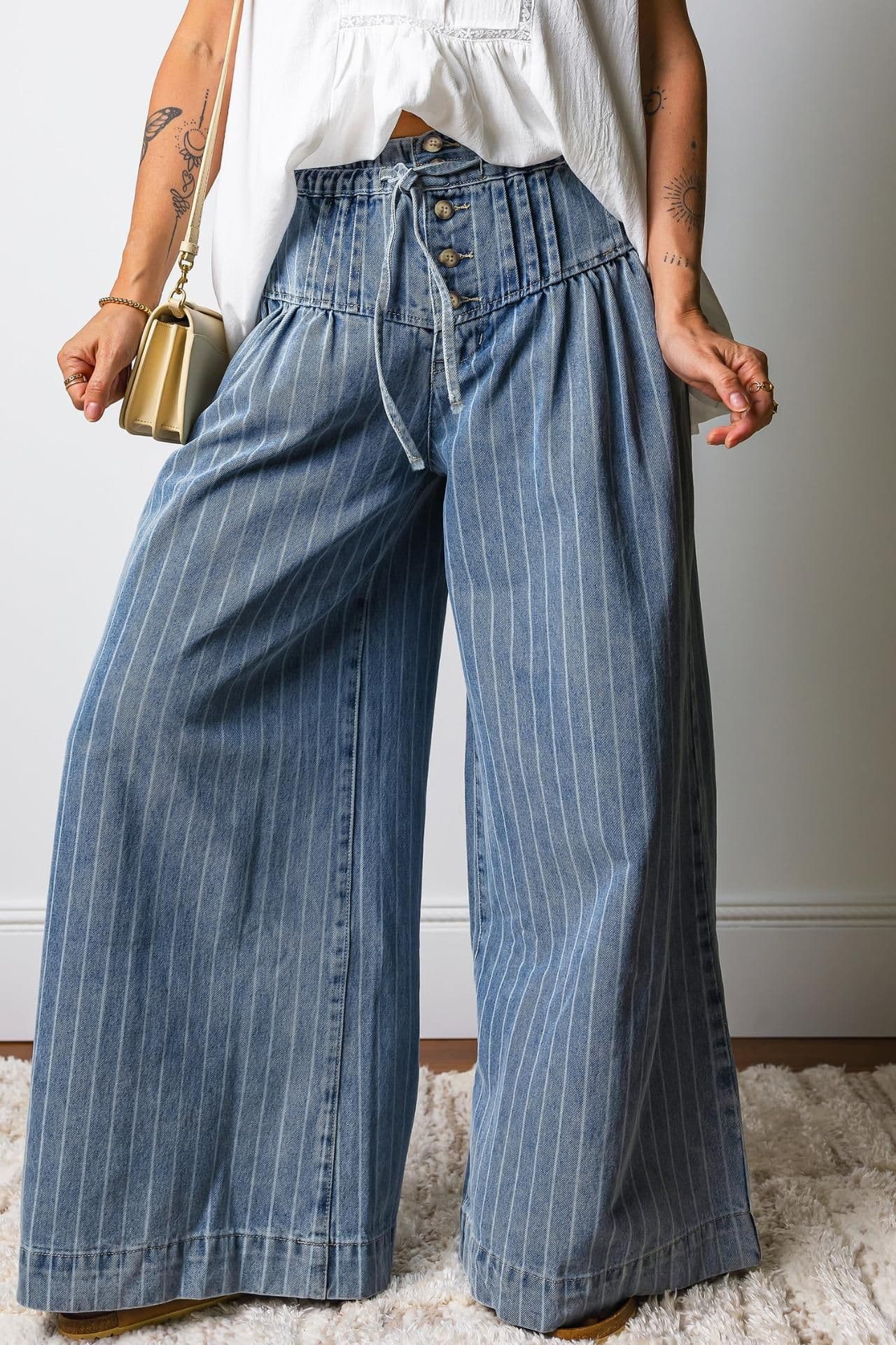 image-Sutton Casual Wide Leg Jeans - Women's Denim Drawstring Waist