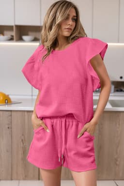 image-Bonbon Textured Ruffled Sleeve Tee & Drawstring Shorts Set