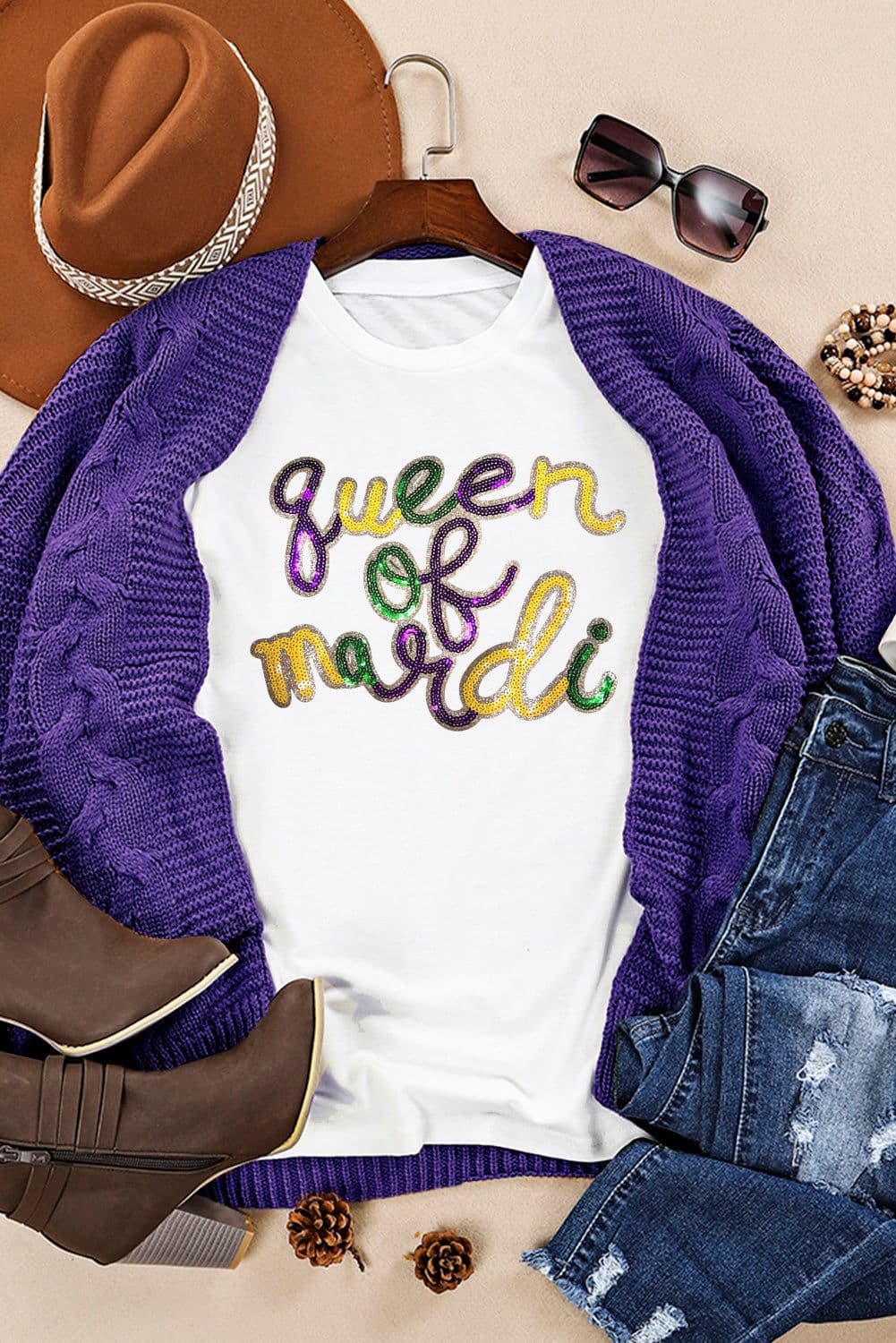 image-Mardi Sequins Letter Graphic T-Shirt - White Queen 100% Cotton