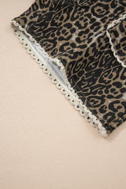 image-Khaki Contrast Scalloped Lace Trim Leopard Denim Shorts