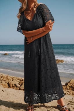 image-Black Floral Lace Overlay Tassel Tie Short Sleeve Beach Vacation Loose Maxi Dress