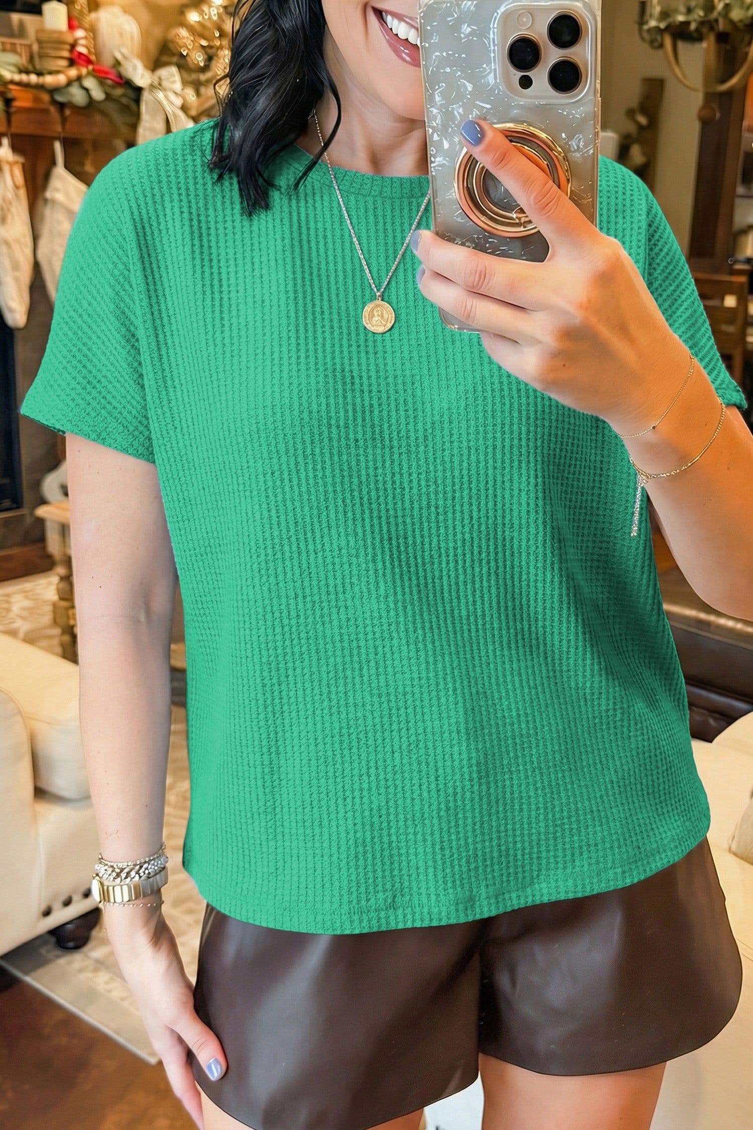 image-Sea Green Waffle Knit Dolman Top - Short Sleeve