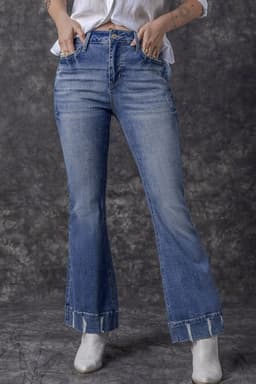 image-Sky Blue Distressed Medium Wash Flare Jeans (65 characters)