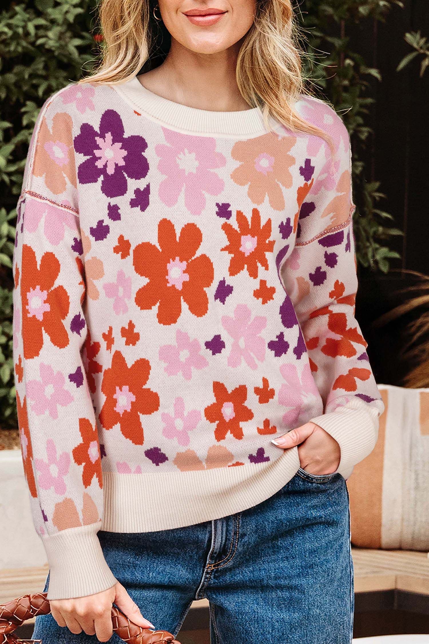 image-Khaki Fall Floral Pattern Drop Shoulder Sweater