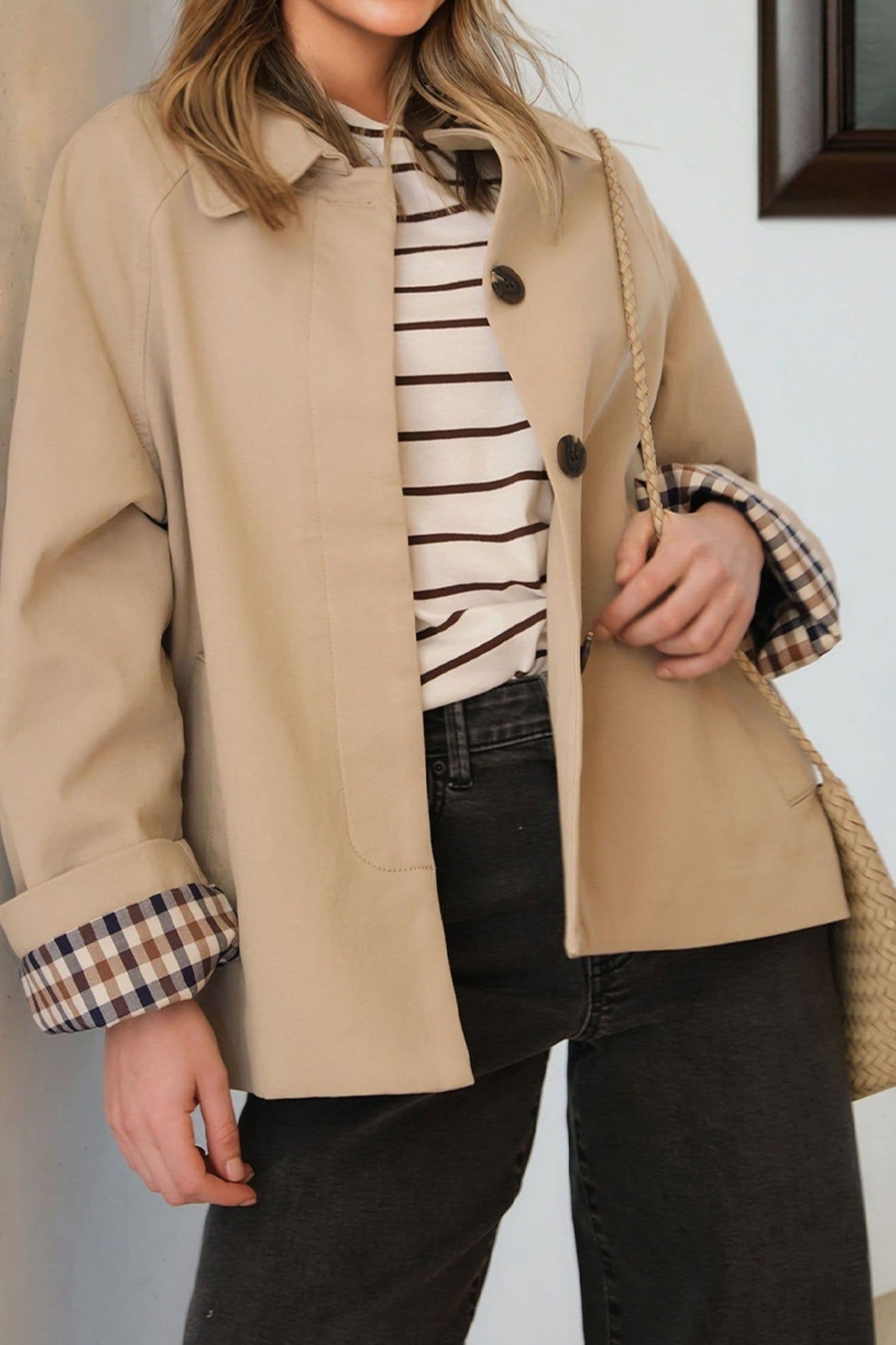 image-Parchment Plaid Liner Patchwork Single Breasted Trench Coat
