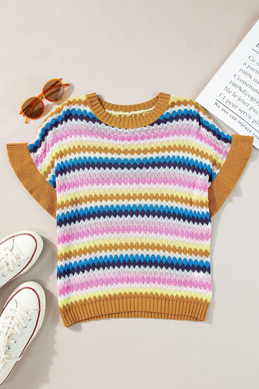 image-Fiery Red Trimmed Ruffle Sleeve Colorful Textured Sweater