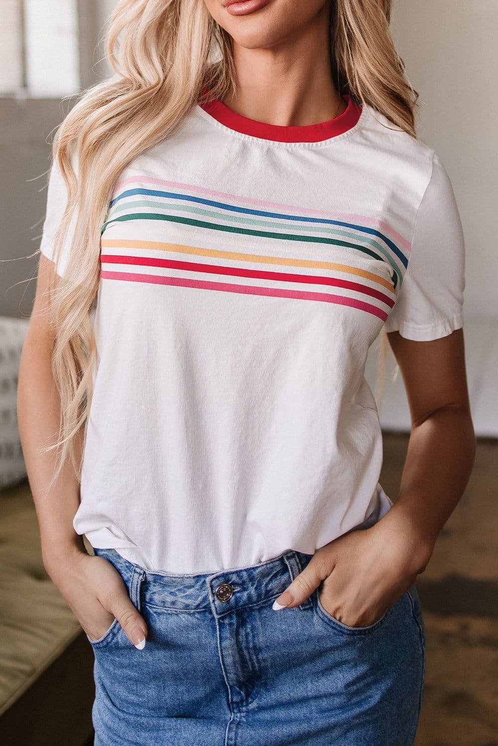 image-White Rainbow Stripe Crewneck T-Shirt