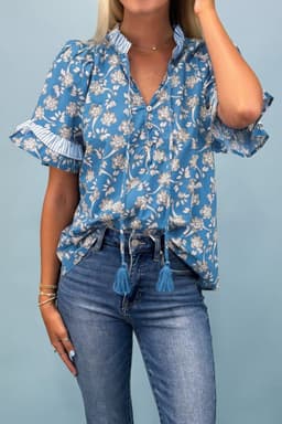 image-Blue Floral Print Tie Neck Short Sleeve Blouse