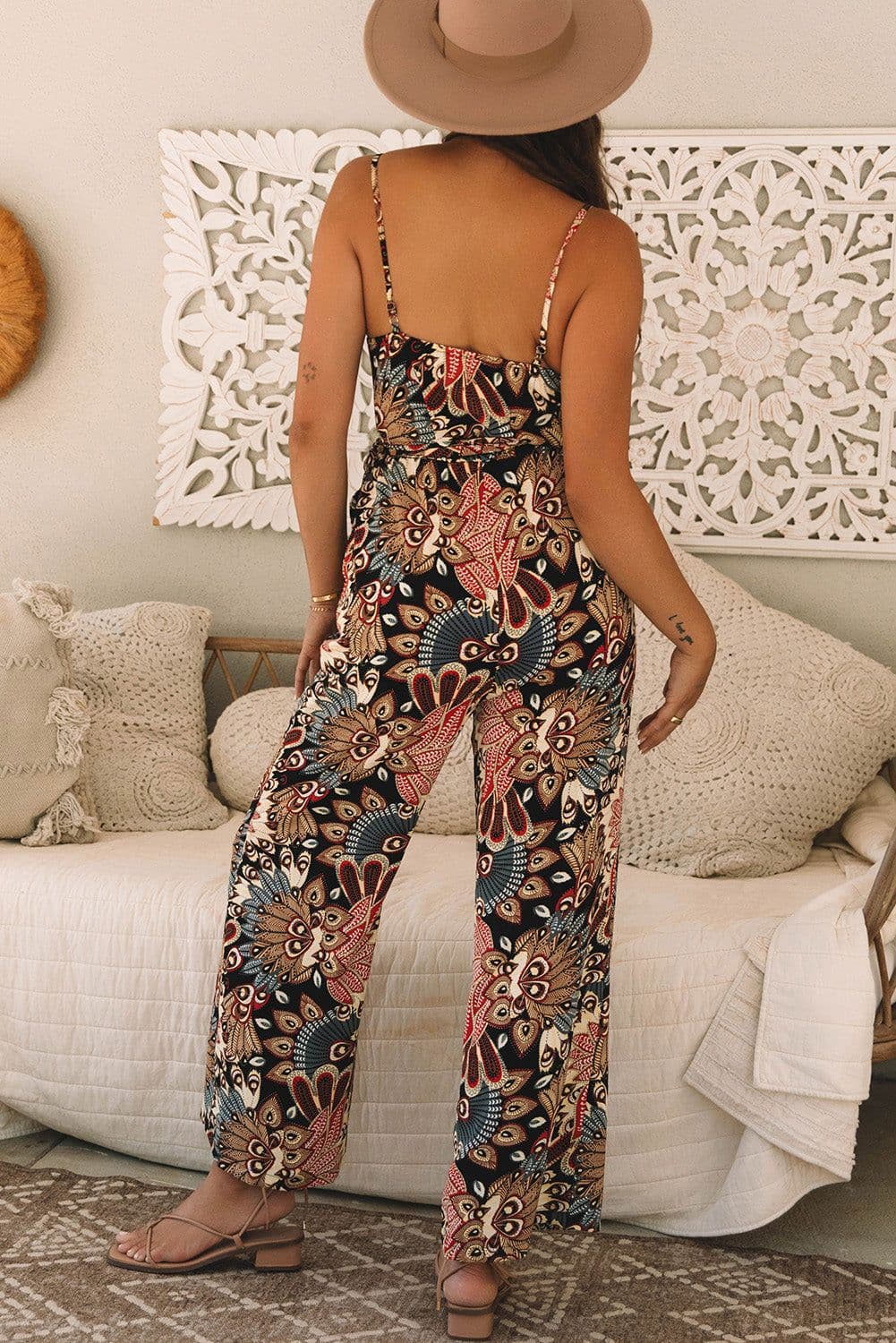 image-Black Floral Print Belted Sleeveless Wide Leg Jumpsuit