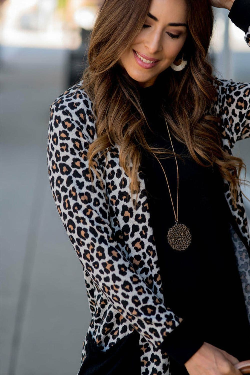 image-Leopard Patched Pocket Open Front Cardigan - Black