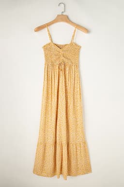 image-Yellow Frilly Smocked High Waist Floral Maxi Dress