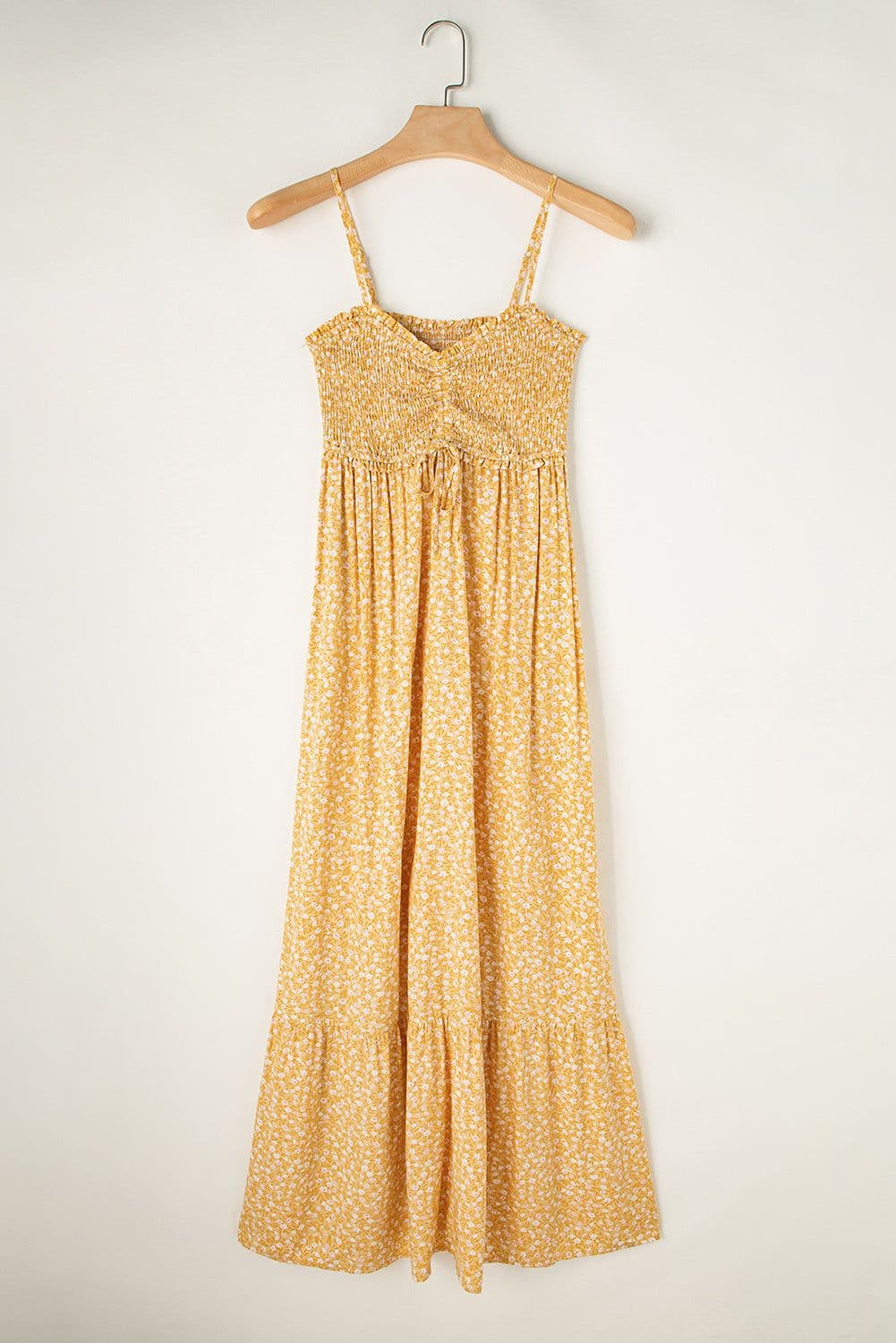 image-Yellow Frilly Smocked High Waist Floral Maxi Dress