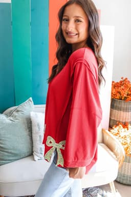 image-Fiery Red Floral Bow Patched Baggy Sweatshirt