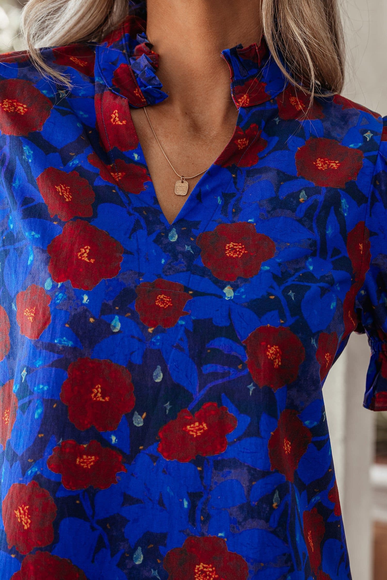 image-Floral Blouse - Blue Ruffled Short Sleeves V Neck Elegant Design