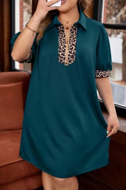 image-Sea Green Leopard Patchwork Mini Dress Plus Size