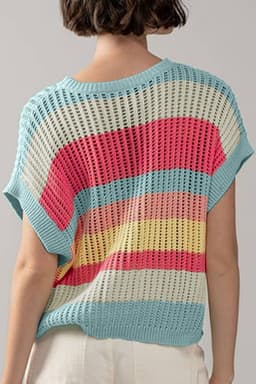 image-Green Stripe Color Block Hollow Out Knit Short Sleeve Sweater