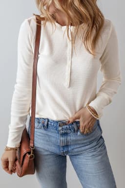 image-White Waffle Half Button Long Sleeve Top (65 characters)