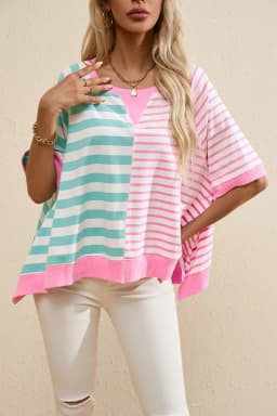 image-Pink Stripe Contrast Patchwork Oversized T-Shirt
