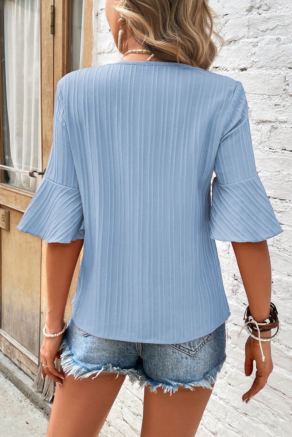 image-Peach Blossom Ruffled Half Sleeve V Neck Textured Top