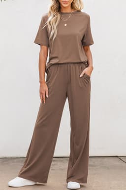 image-Solid Color T-Shirt & Wide Leg Pants Set - 2pcs - Comfortable Fabric