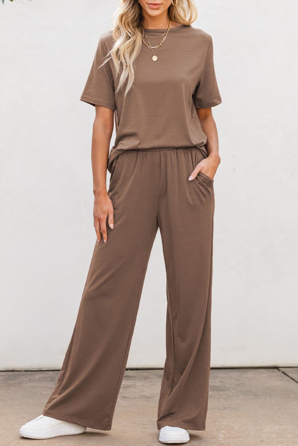 image-Solid Color T-Shirt & Wide Leg Pants Set - 2pcs - Comfortable Fabric