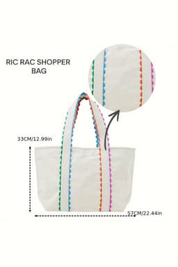 image-White Canvas Tote Bag - Colorful Ricrac Detail