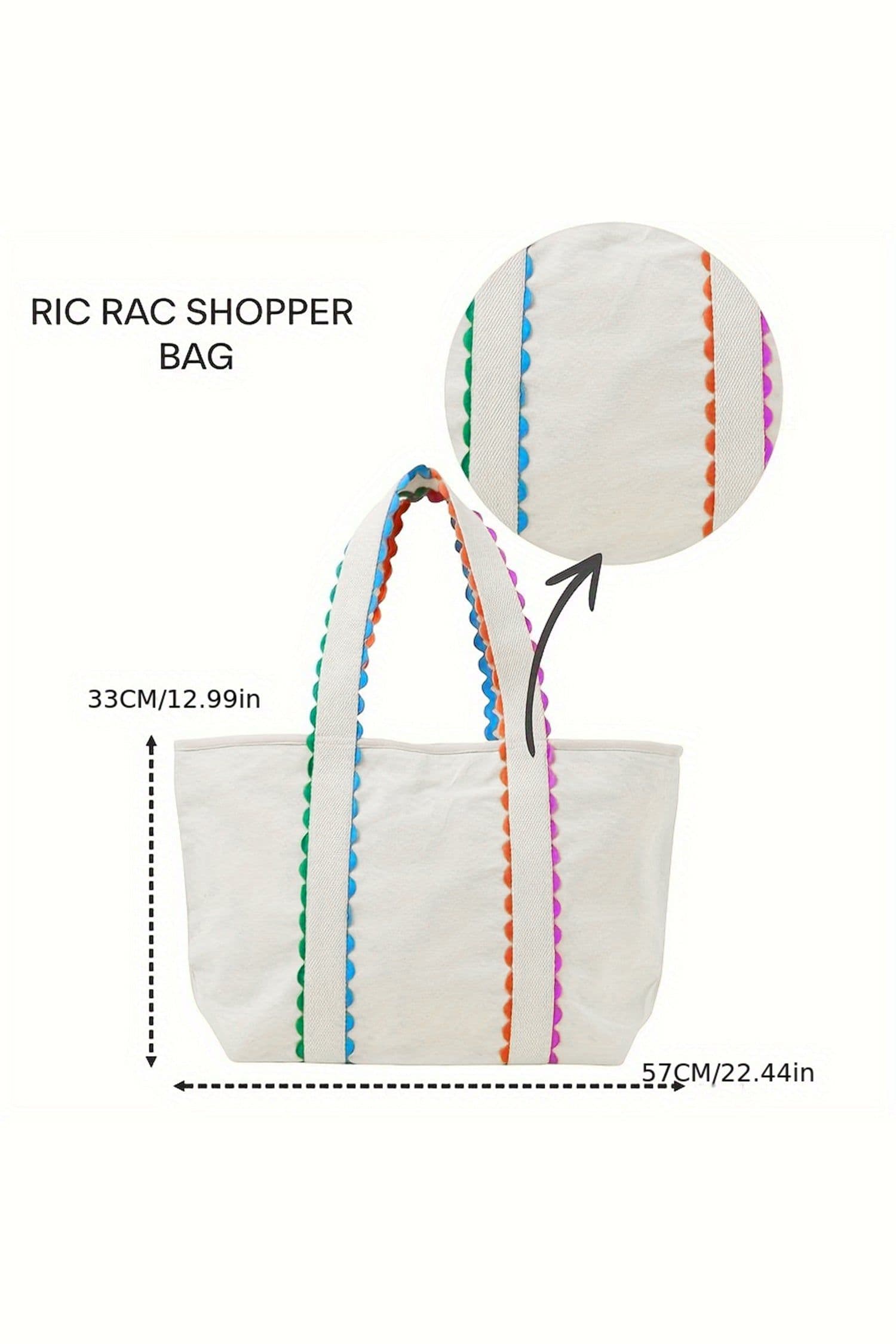 image-White Canvas Tote Bag - Colorful Ricrac Detail