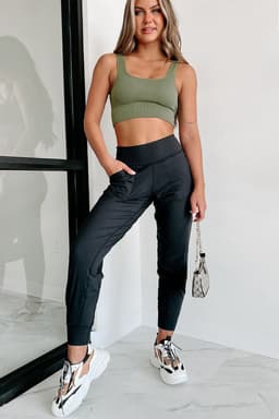 image-Black High Waist Joggers with Exposed Seam & Pockets