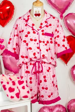 image-Rose Cherry Bow Mixed Print Scalloped Edge Short Pajama Set