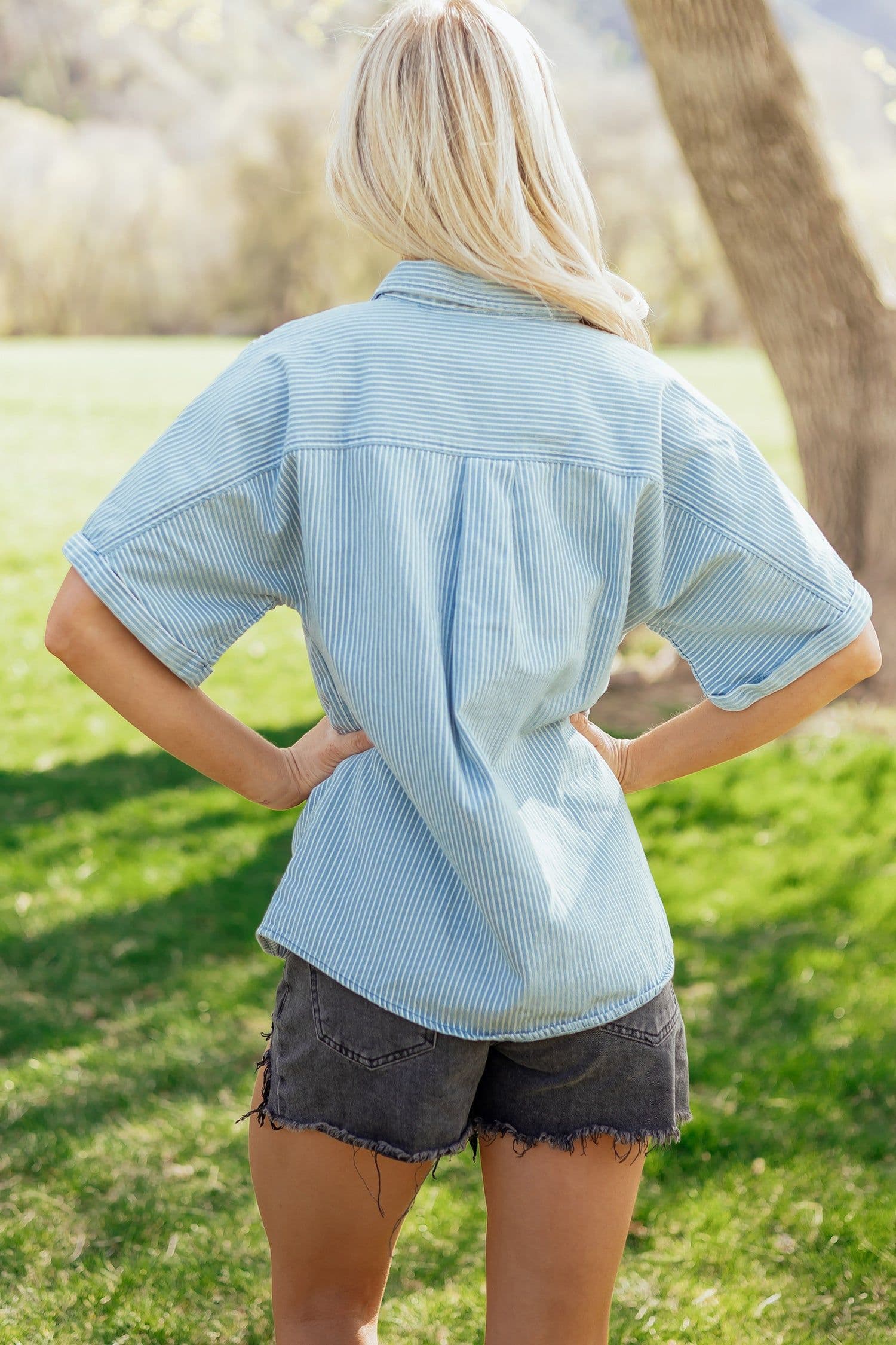 image-Sky Blue Stripe Short Sleeve Button Up Shirt