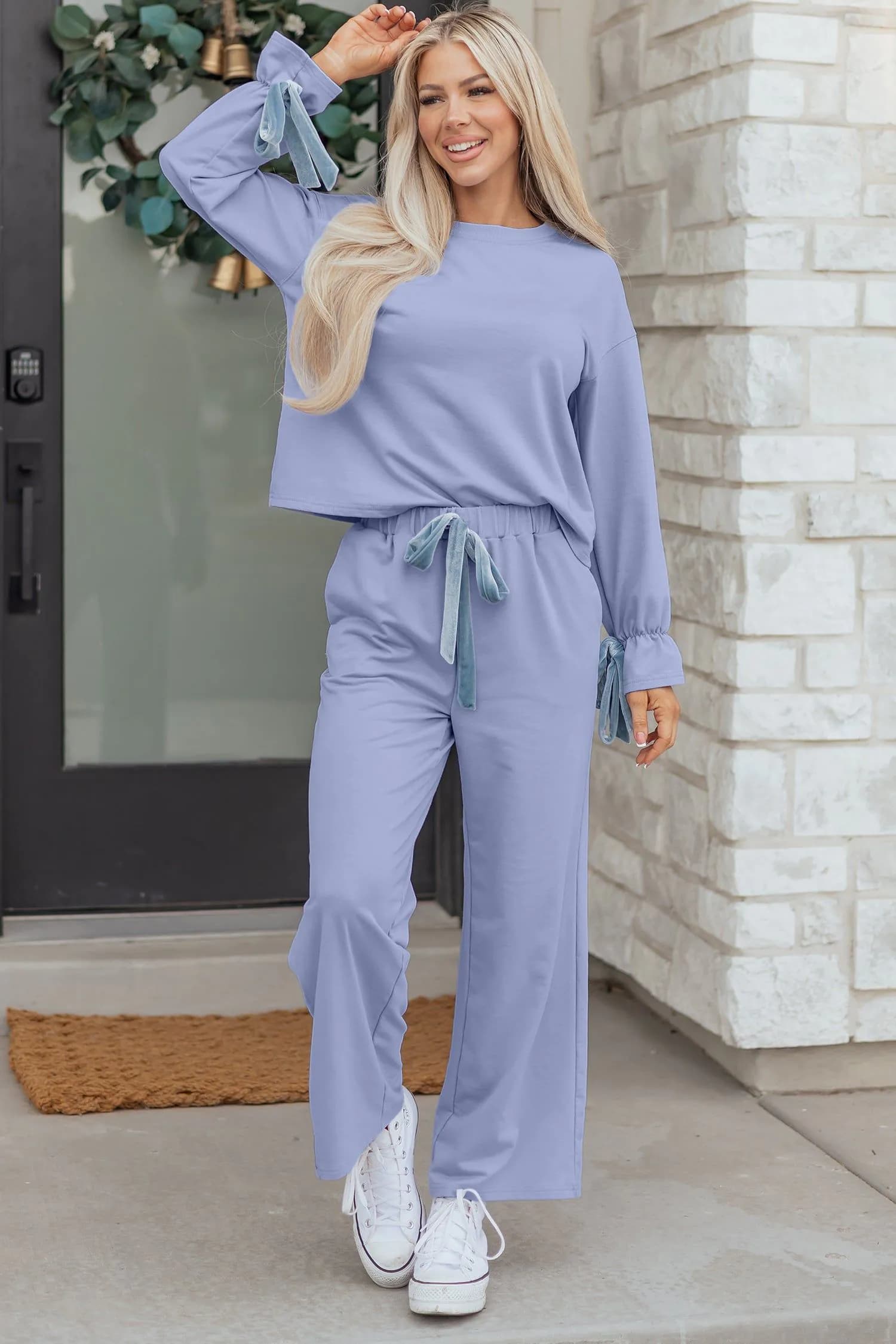 image-Beau Blue Flounce Long Sleeve Top Drawstring Pants Contrast Velvet Bow Knot 2pcs Lounge Set