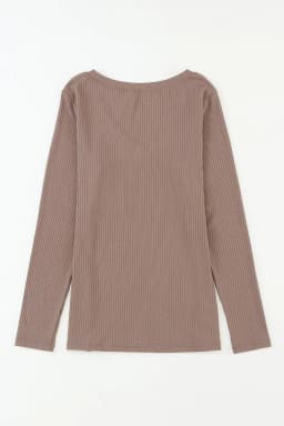 image-Khaki Ribbed Knit V Neck Top Chest Pocket