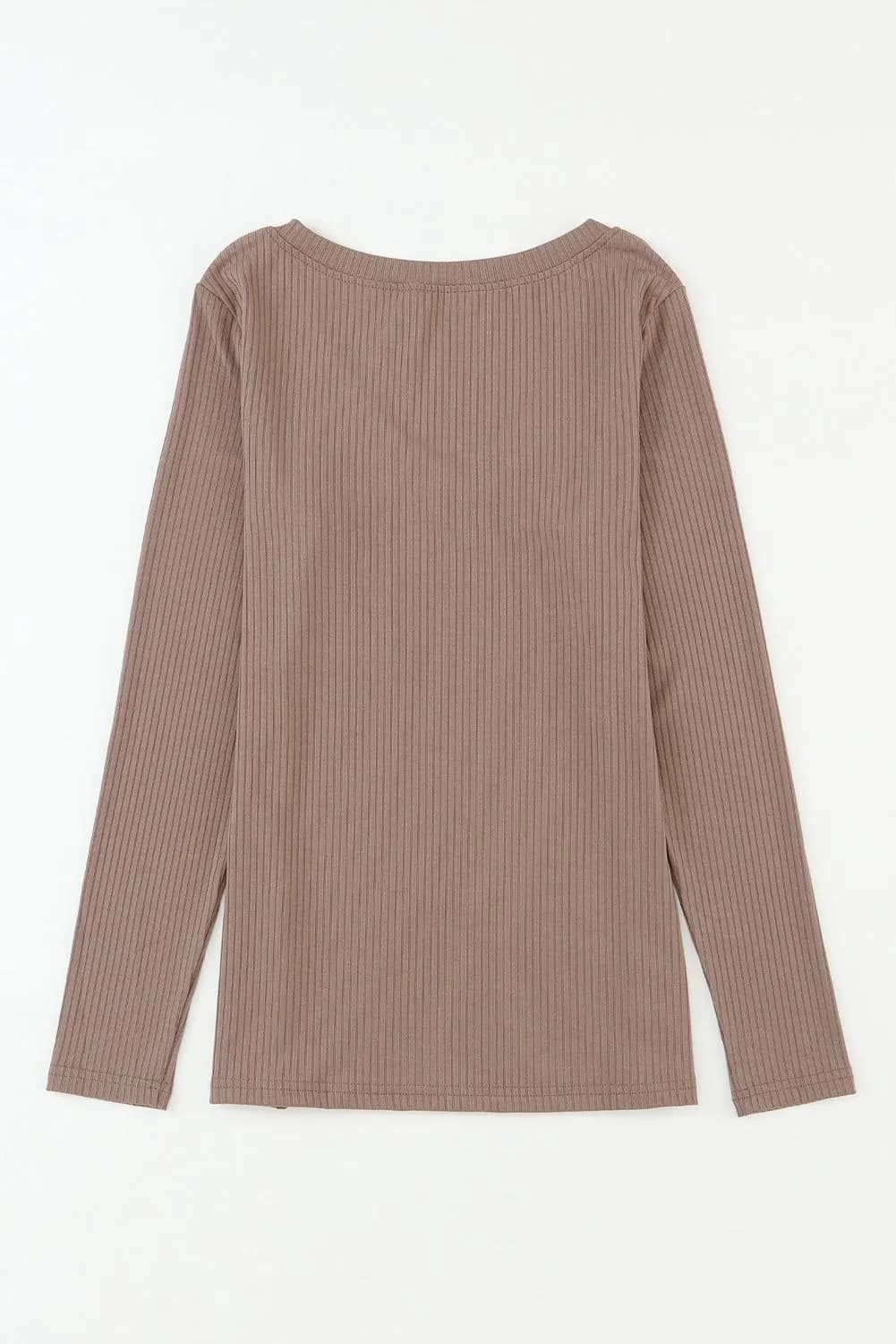 image-Khaki Ribbed Knit V Neck Top Chest Pocket