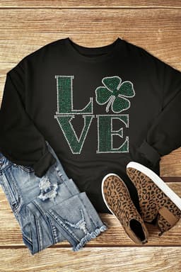 image-Black Rhinestone St. Patrick's Clover Pullover Sweatshirt - Holiday Wear